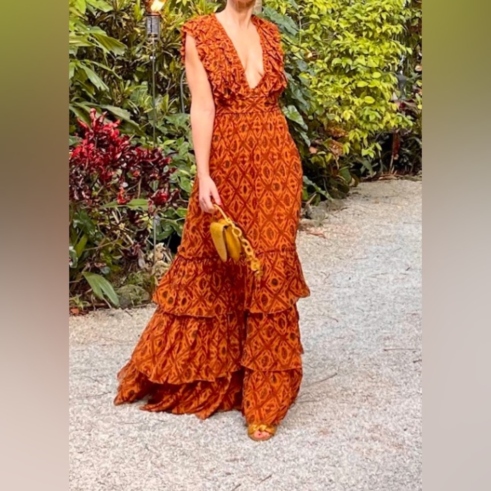 Ulla Johnson Rust Orange Printed Ruffled Maxi Dress